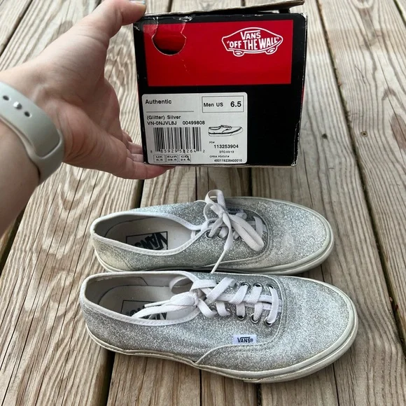 vans | men’s 6.5 women’s 8 vans silver sparkly shoes - Picture 6 of 8